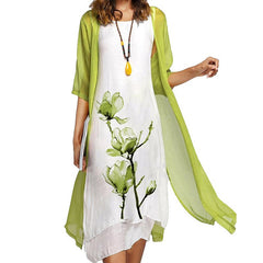 Women Dress Sets Vestidos Mujer Floral Chiffon Sleeveless Maxi Dress and Long Cardigan Two Piece Set Robe Outfits Spring Summer