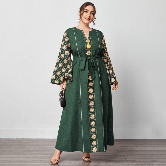 Aovica Large Plus Size Muslim Abaya Women Spring Dress With Long Sleeves Tie Waist And Tassel Maxi Clothing For Evening Party