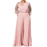 Aovica Plus Fashion S-5xl Fall Outfits Women Pink Fashion Plus Size Jumpsuit Slim Pleated Long Sleeve Rompers Elegant Clothes Wholesale