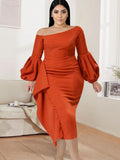 Aovica Off Shoulder Bodycon Dresses Plus Size Women Lantern Long Sleeve Ruffles Evening Birthday Party African Gowns 2023 Autumn New