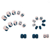 Aovica- Fake Nails Art Nail Tips Blue Smile Press on False Nail Set Full Cover Artificial Short Square 24pcs/pack With Wearing Tools