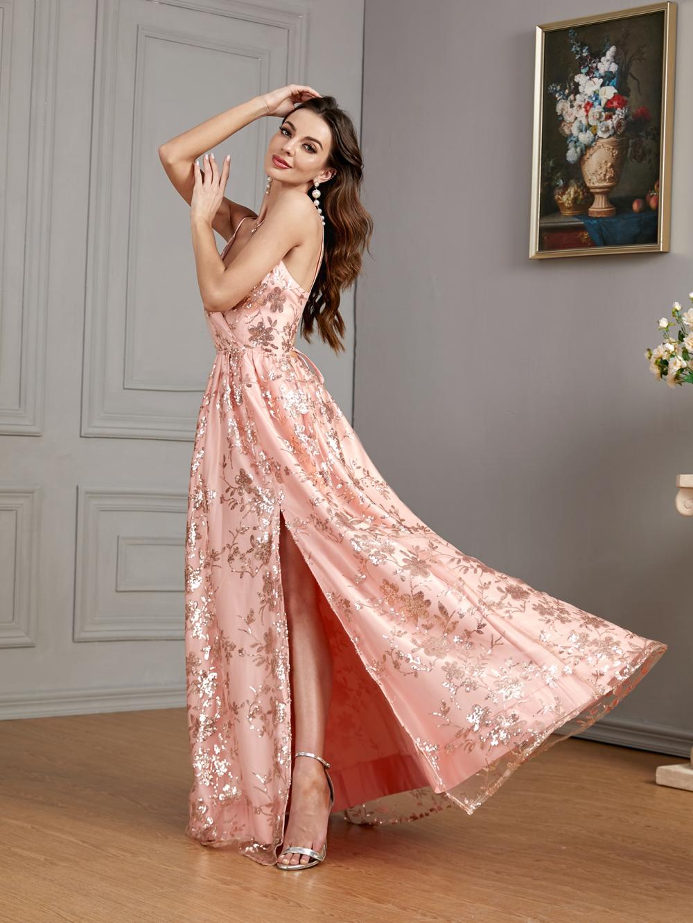 Aovica Elegant Leg Slit Glitter Dresses High Waist Satin Blush Pink Bandage Long Dress Backless Special Birthday Formal Party Prom Gown