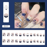 Aovica- 24Pcs/Set Short Square Fake Nails Blue White Butterfly Pearl Nail Arts Manicure False Nails With Design