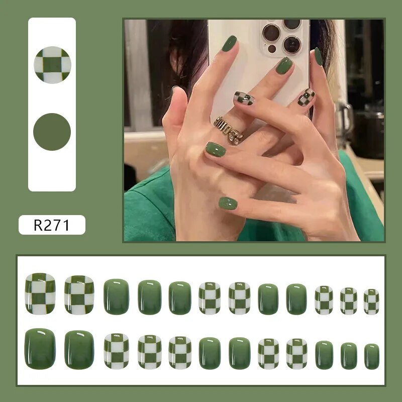 Aovica- 24pcs Detachable False Nails Green Lattice Short Fake Nails With Designs Bow Flower Decal Square Level Nail Tips