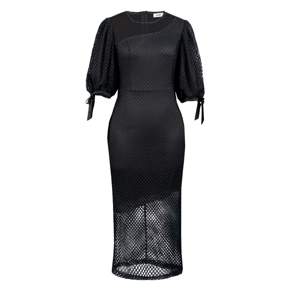 Aovica Chic Women Black Dress Hollow Out Stitching Puffy Sleeve See Through Fashion Vintage Elegant Party Daily Dresses Summer 2022 3XL