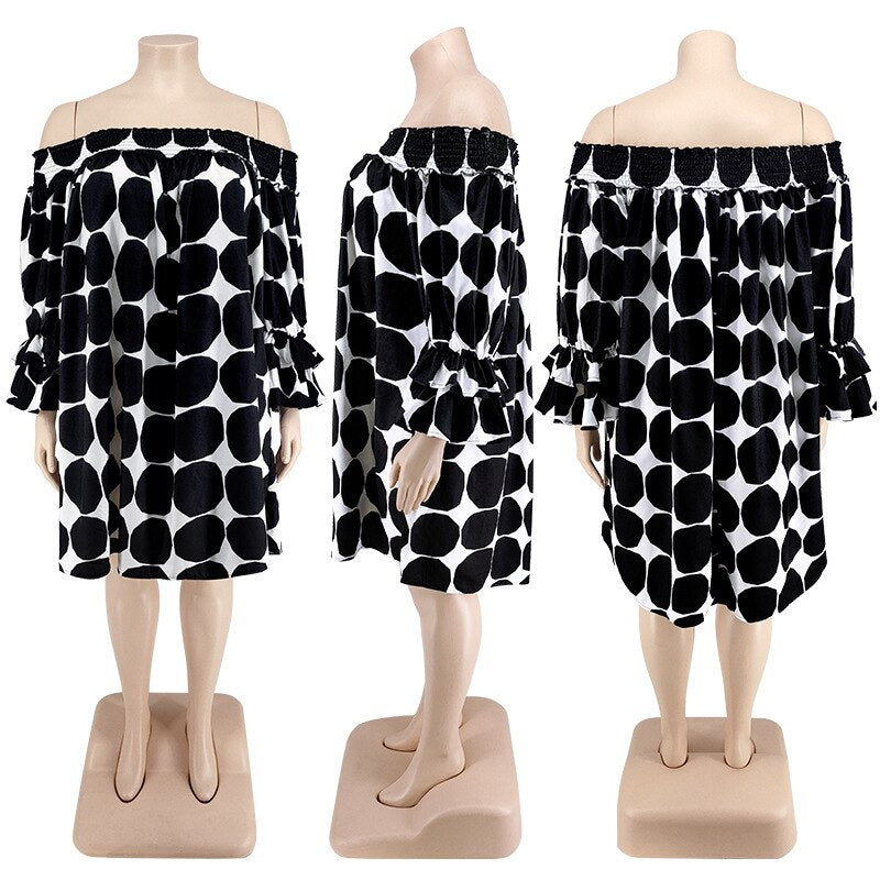 Aovica Plus Size Dots Print Loose Mini Dress For Women Slash Neck Short Sleeve Wide Casual Vestidos Streetwear Lady Female Clothings