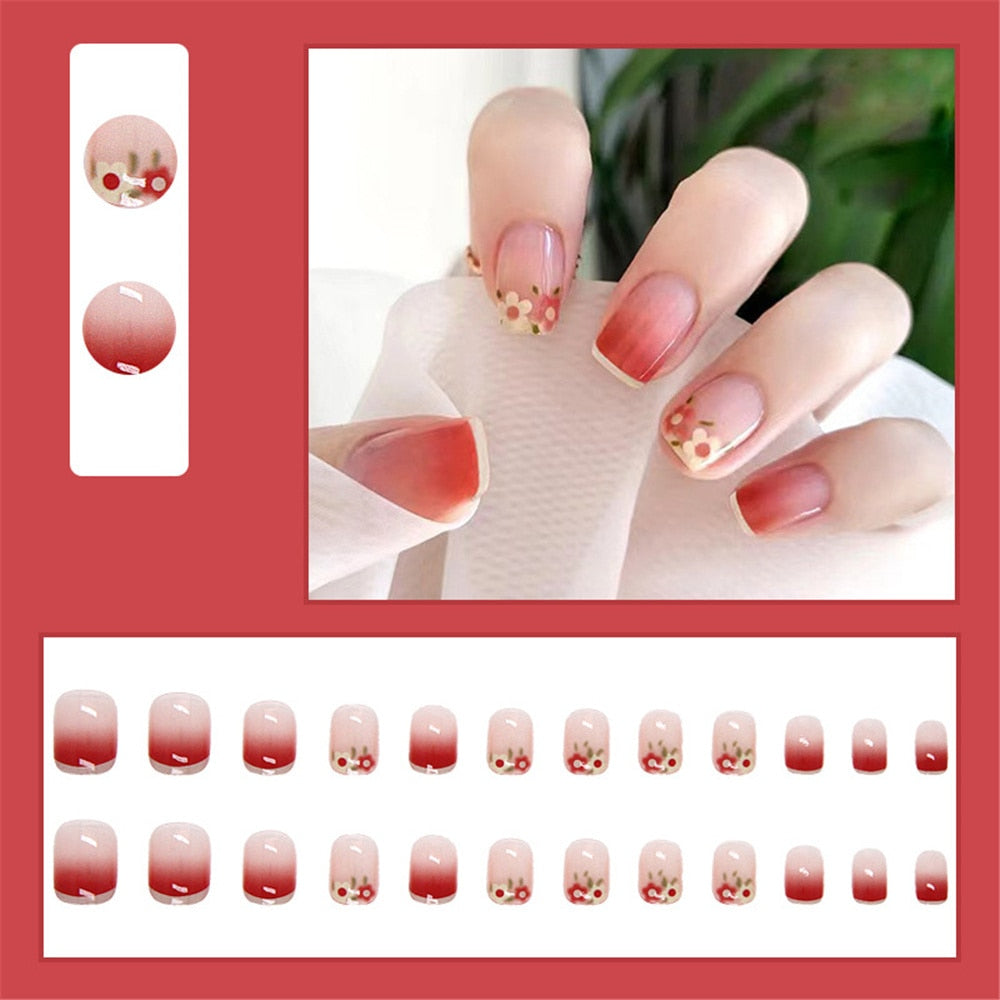 Aovica  Summer Lemon False Nails With Designs French Square Head Short Fake Nails Press On Nails Watermelon Nail Tips Beauty Manicure