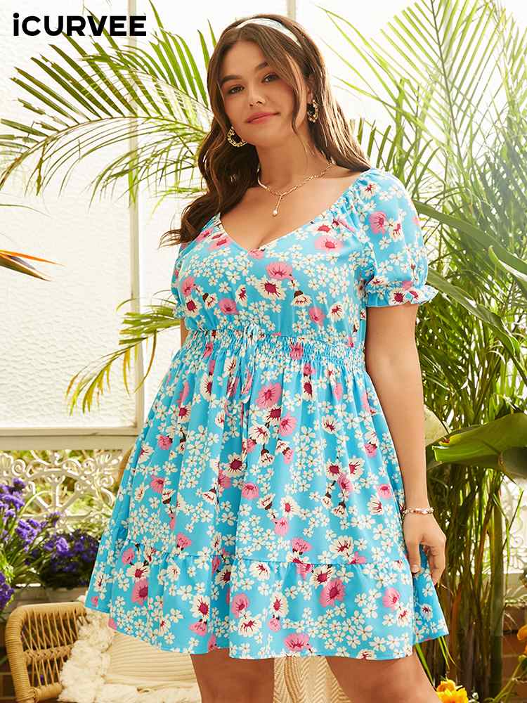 Aovica Bohemian Plus Size Dress Women Summer Short Sleeve Vintage Flower Printed Short Mini Sundress 2022 Fashion Party Robe