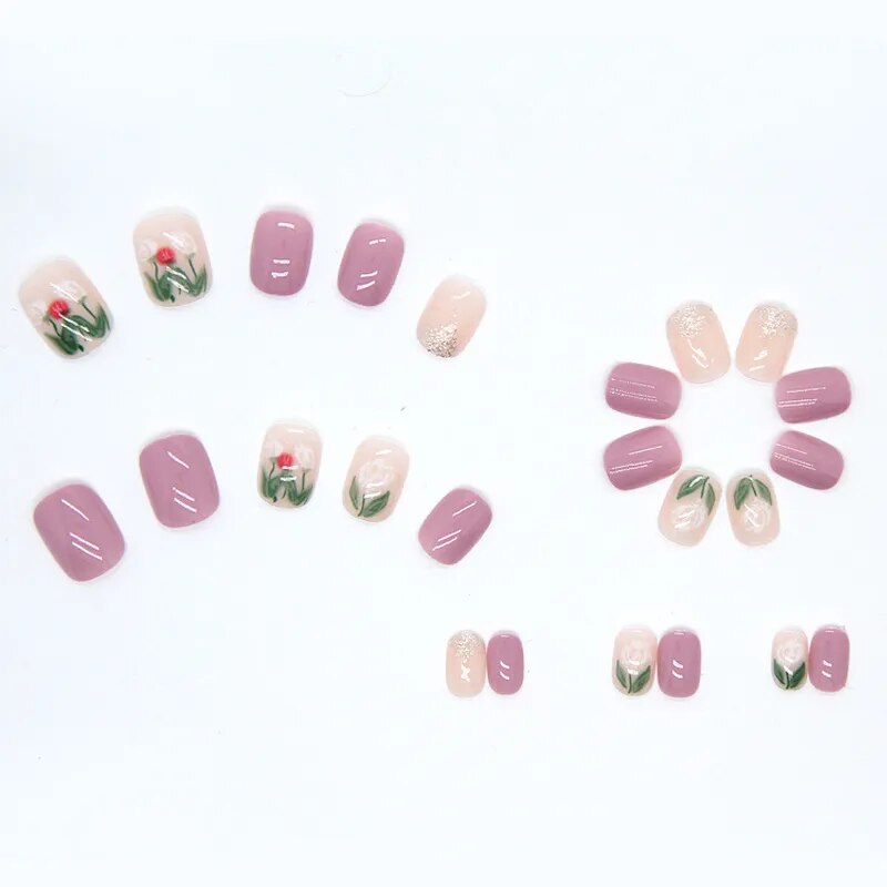 Aovica- 24pcs/box Press On False Nails Cute Nail Short Square Purple Flower Art Wearable Fake Nails With Wearing Tools As Gift