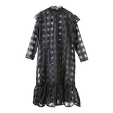 Aovica Women Oversized Long Black Dress Cover See Through Plaid Maxi Dresses Long Sleeve Summer Fall Fashion Street Party Club Outfits