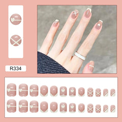 Aovica- Simple French Fake Nails Art Nail Tips Press on False Nails Set Full Cover Artificial Short Square Head 24pcs/pack