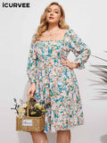 Aovica Plus Size Bohemian Summer Dress 2023 Vintage Long Sleeve  Square Collar Knee-length Party Sundress Holiday Vestidos
