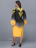 Elegant Dress Plus Size Women Retro Tribal Print Lantern Long Sleeve Party Dresses 2023 Summer O-Neck Ombre Midi Evening Outfits