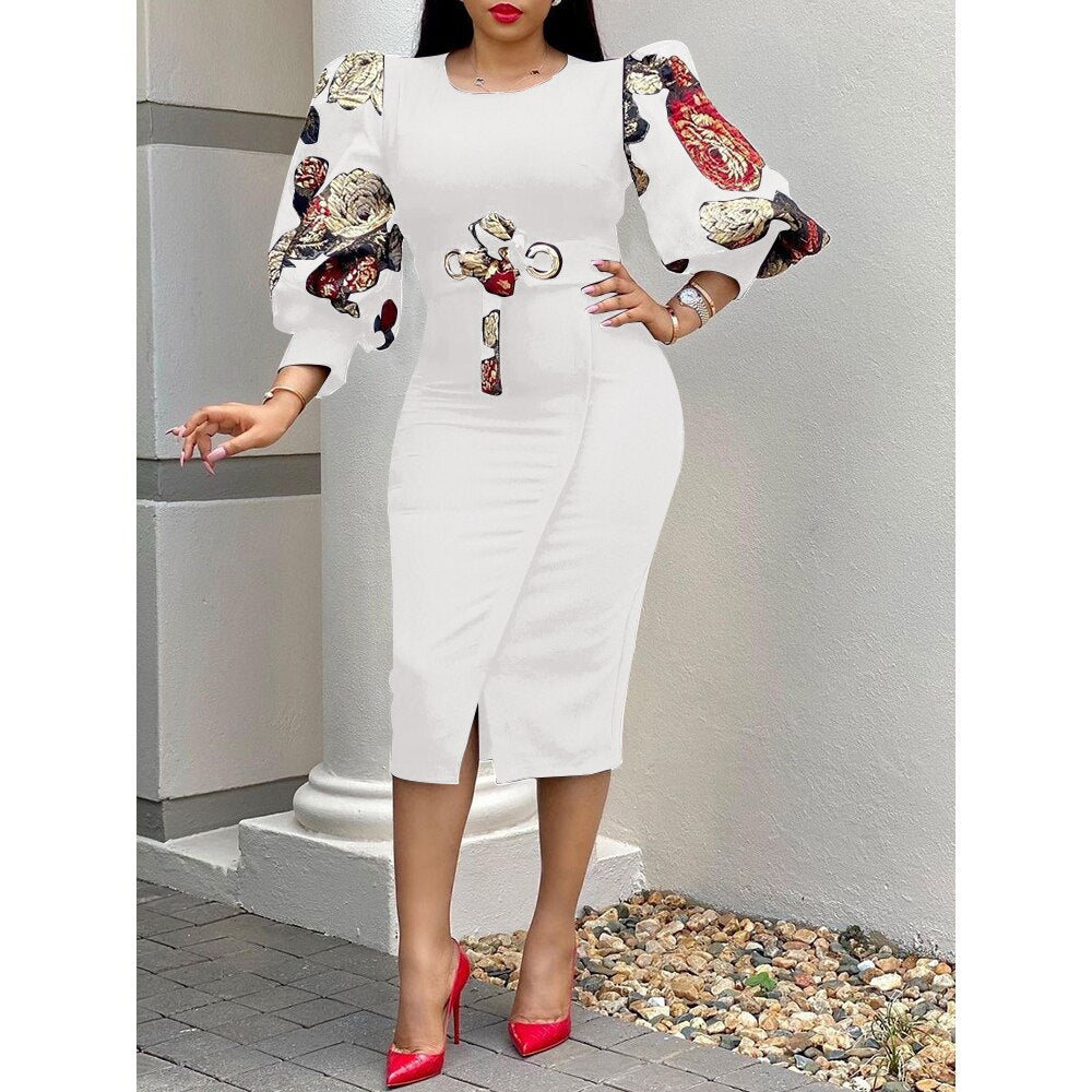 Lantern Sleeve Bodycon Midi Dress Chic Elegant Floral Print Casual Evening Party Dress With Belt 2023 Summer Club Women Outfits