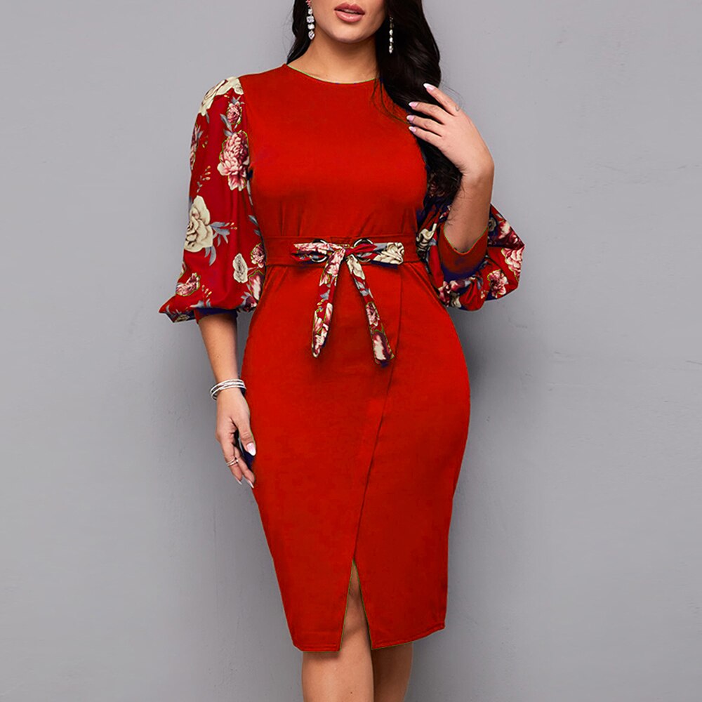 Lantern Sleeve Bodycon Midi Dress Chic Elegant Floral Print Casual Evening Party Dress With Belt 2023 Summer Club Women Outfits