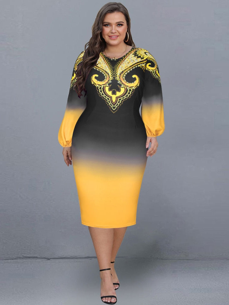 Elegant Dress Plus Size Women Retro Tribal Print Lantern Long Sleeve Party Dresses 2023 Summer O-Neck Ombre Midi Evening Outfits