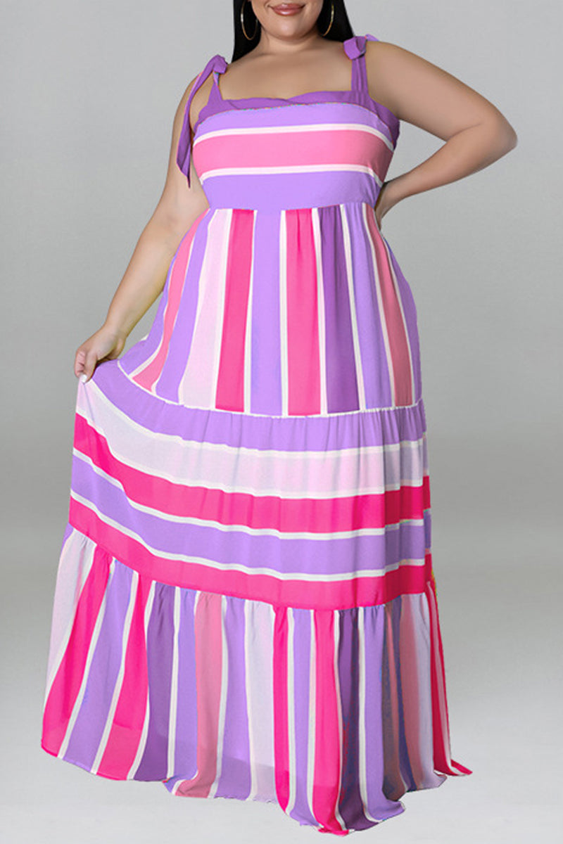 Aovica-Purple Fashion Casual Plus Size Print Bandage Backless Spaghetti Strap Long Dress