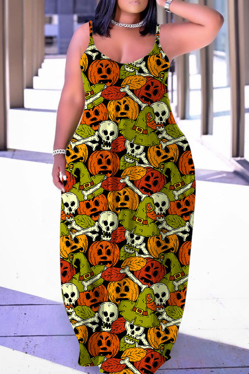 Halloween Costume Multicolor Casual Print Backless Spaghetti Strap Long Dress Dresses