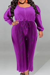 Purple Plus Size Casual Solid Patchwork Draw String Zipper O Neck Plus Size Jumpsuits