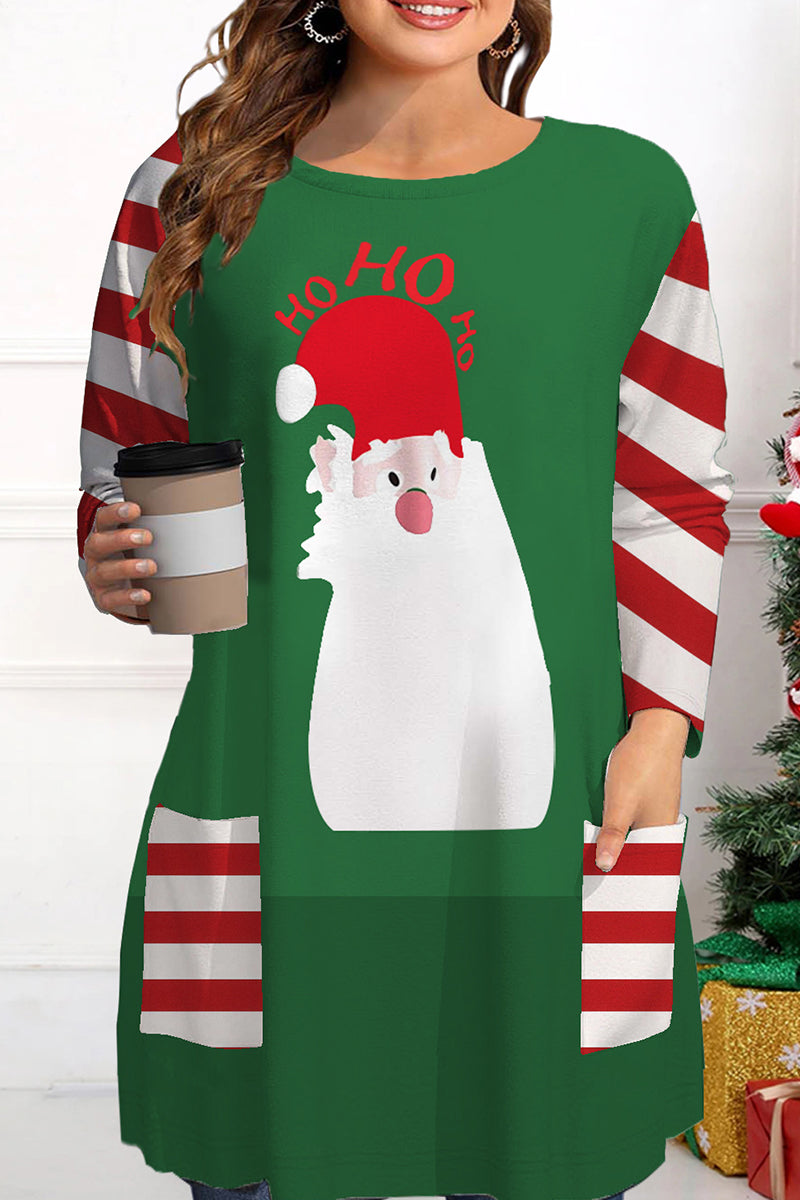 Aovica-African women's clothing Casual Print Santa Claus Basic O Neck Tops