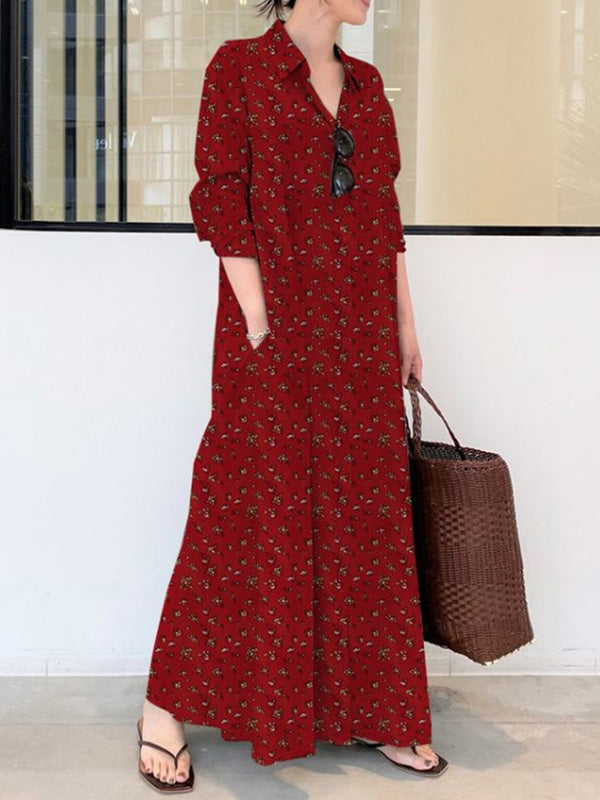 Aovica-Vintage Printed Lapel Long Sleeve Shirt Maxi Dress