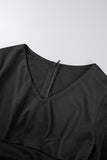 Aovica- Black Casual Solid Patchwork Slit V Neck Long Sleeve Dresses