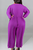 Green Plus Size Casual Solid Patchwork Draw String Zipper O Neck Plus Size Jumpsuits