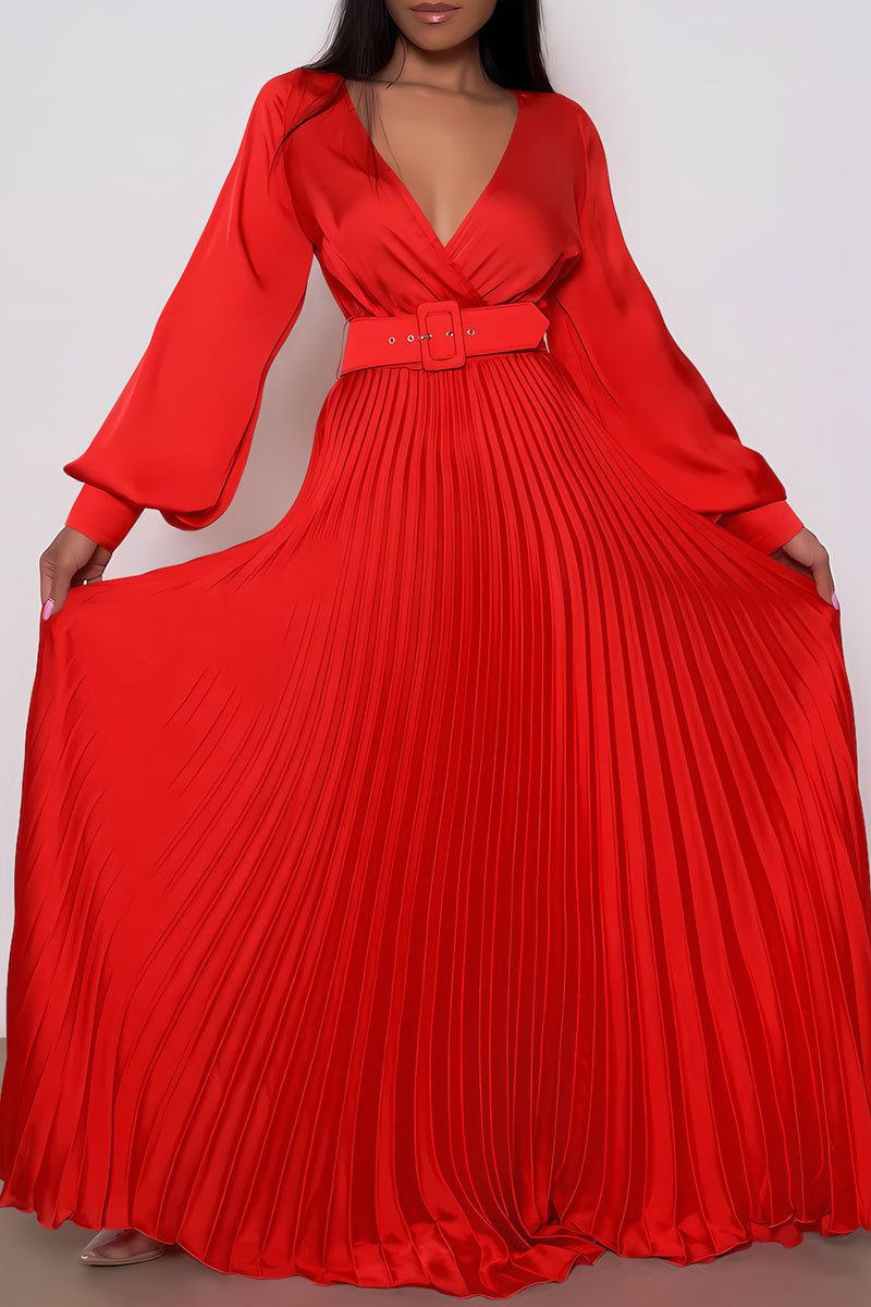 Aovica- Red Elegant Solid Patchwork With Belt Straight Dresses