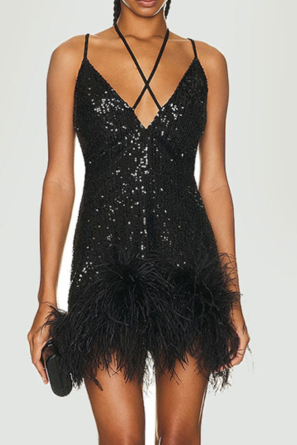 AOVICA Sequined Luxe Lace-Up Feather Hem Mini Dress