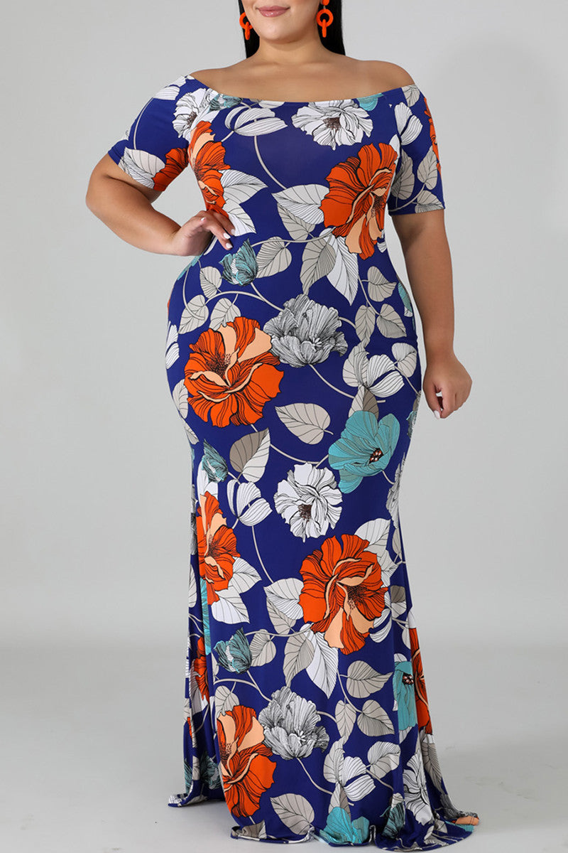 Aovica-Royal Blue Fashion Casual Plus Size Print Backless Off the Shoulder Long Dress