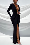 Aovica- Black Sexy Solid Patchwork Slit Fold V Neck Irregular Dress Dresses