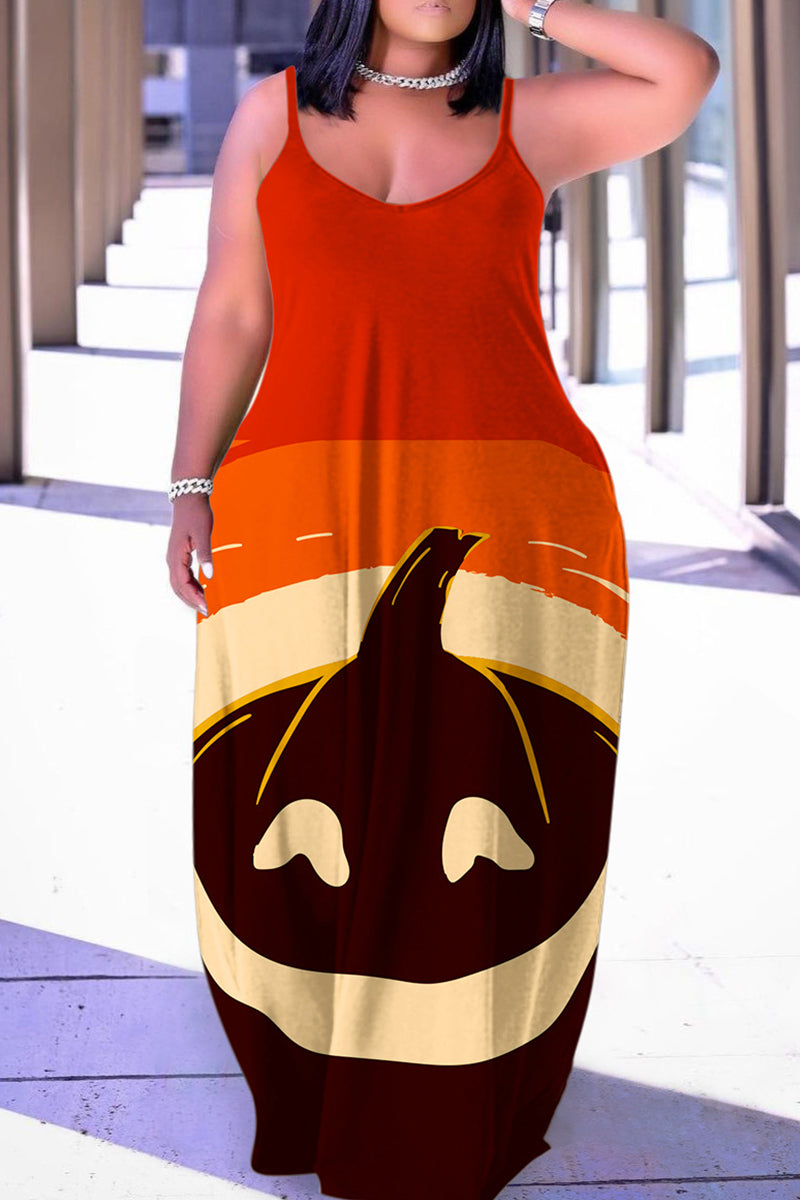 Halloween Costume Orange Red Casual Print Backless Spaghetti Strap Long Dress Dresses