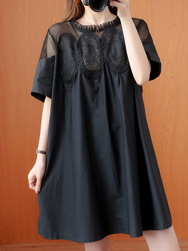 Aovica-Original Solid Lace Split-Side Short Sleeve A-Line Mini Dress