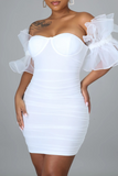 AovicaWhite Sexy Solid Patchwork Backless Mesh Strapless Wrapped Skirt Dresses