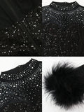 AOVICA-Glitter Rhinestone Feather Bodycon Mini Dresses