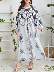 Aovica-Long Sleeves Loose Contrast Color Flower Print Muslim Round-Neck Midi Dresses