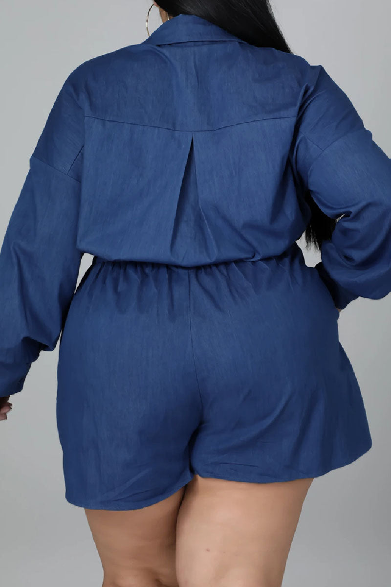 Blue Casual Solid Patchwork Turndown Collar Plus Size Romper