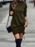 Aovica-Casual Long Sleeves Solid Color High-Neck Mini Dresses
