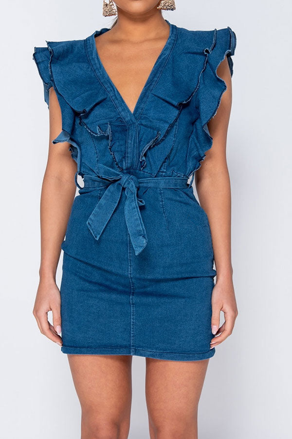 AOVICA Ruffle Design Stunning Belted Denim Mini Dress