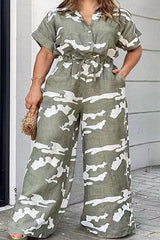 Army Green Casual Print Bandage Patchwork Buckle Turndown Collar Plus Size Jumpsuits