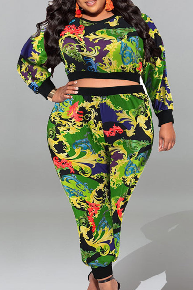 Green Casual Sweet Print Patchwork O Neck Plus Size Two Pieces
