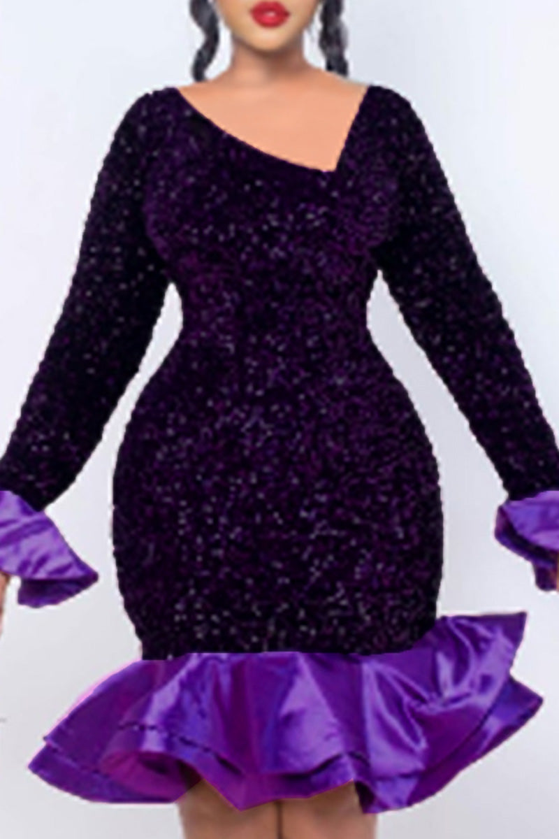 Aovica- Purple Sexy Formal Patchwork Sequins Oblique Collar Long Sleeve Dresses