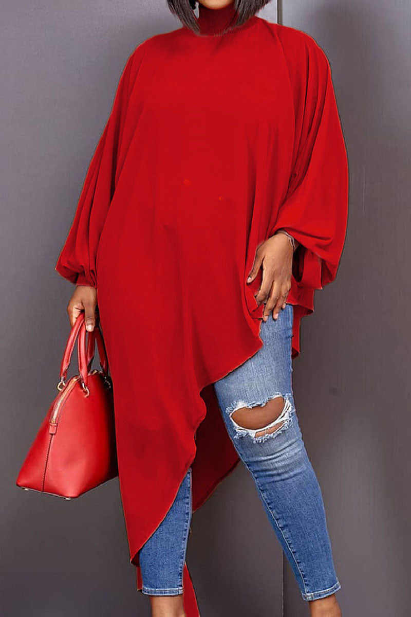 Aovica-Casual Solid Asymmetrical Turtleneck Long Sleeve Plus Size Dresses