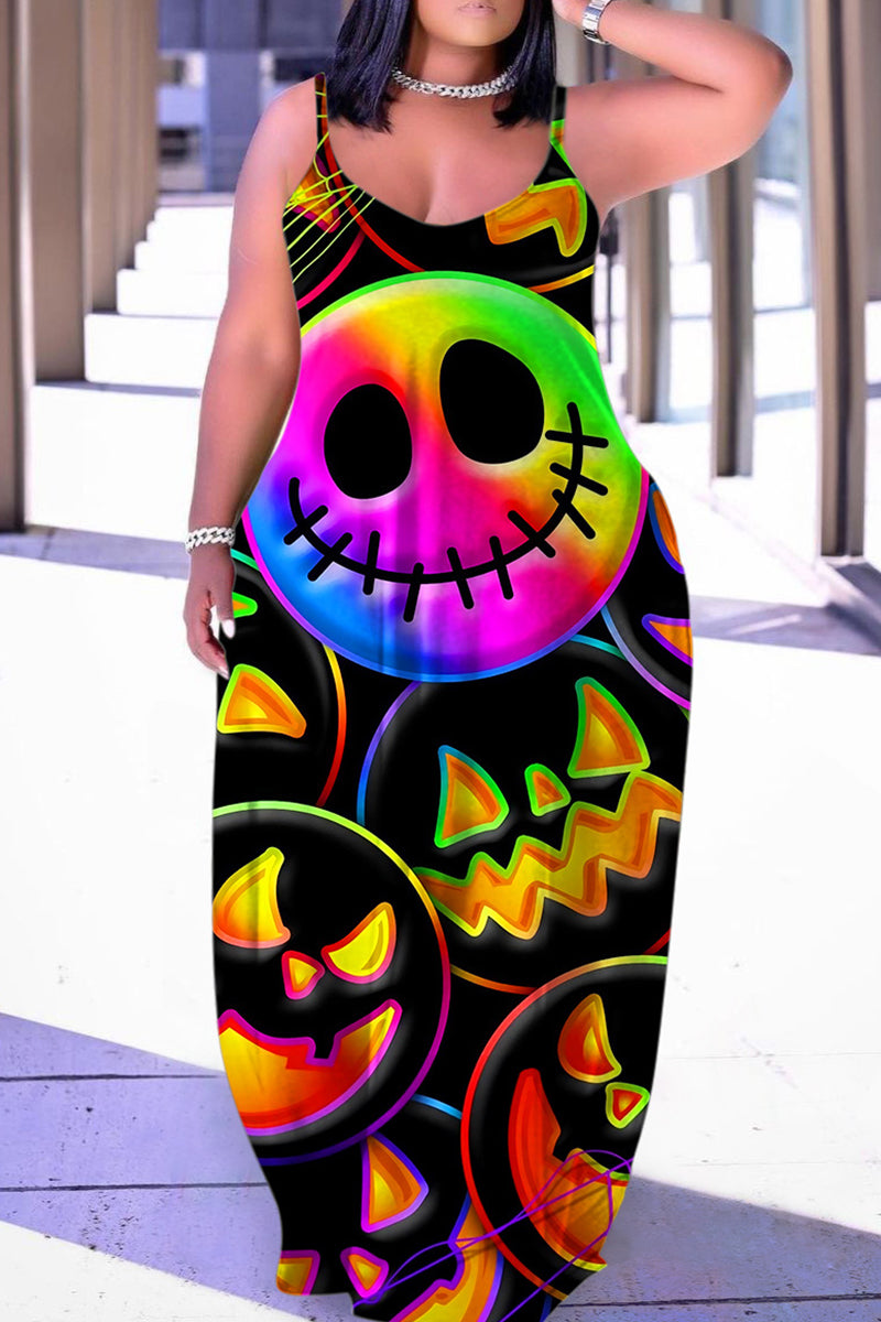 Halloween Costume Multicolor Casual Print Backless Spaghetti Strap Long Dress Dresses