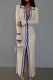 Aovica- Blue Sexy Casual Striped Contrast Turndown Collar Long Sleeve Dresses