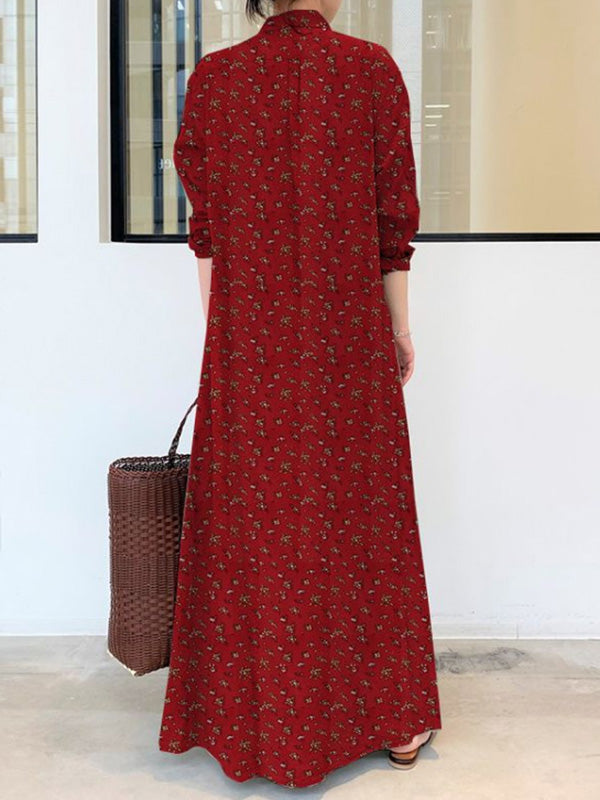 Aovica-Vintage Printed Lapel Long Sleeve Shirt Maxi Dress