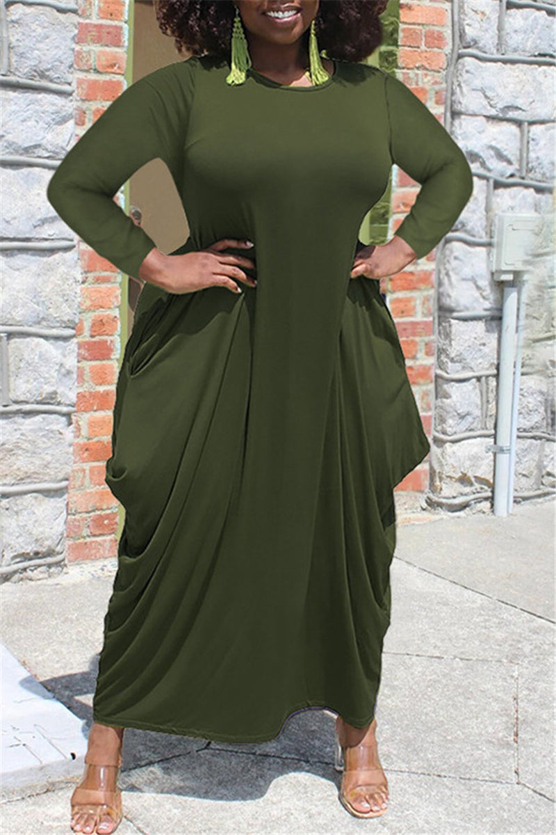 Aovica-Army Green Fashion Casual Solid Patchwork Basic O Neck Long Sleeve Plus Size Dresses