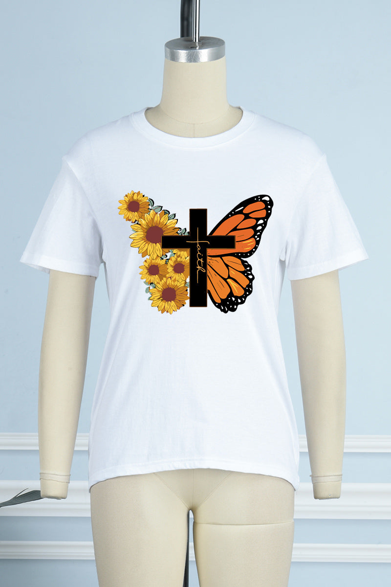 Aovica-Casual Street Print Butterfly Print Patchwork O Neck T-Shirts