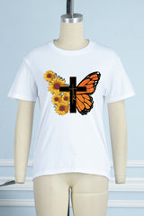 Aovica-Casual Street Print Butterfly Print Patchwork O Neck T-Shirts