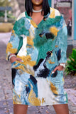 Multicolor Casual Print Patchwork V Neck Long Sleeve Short Sleeve Dress